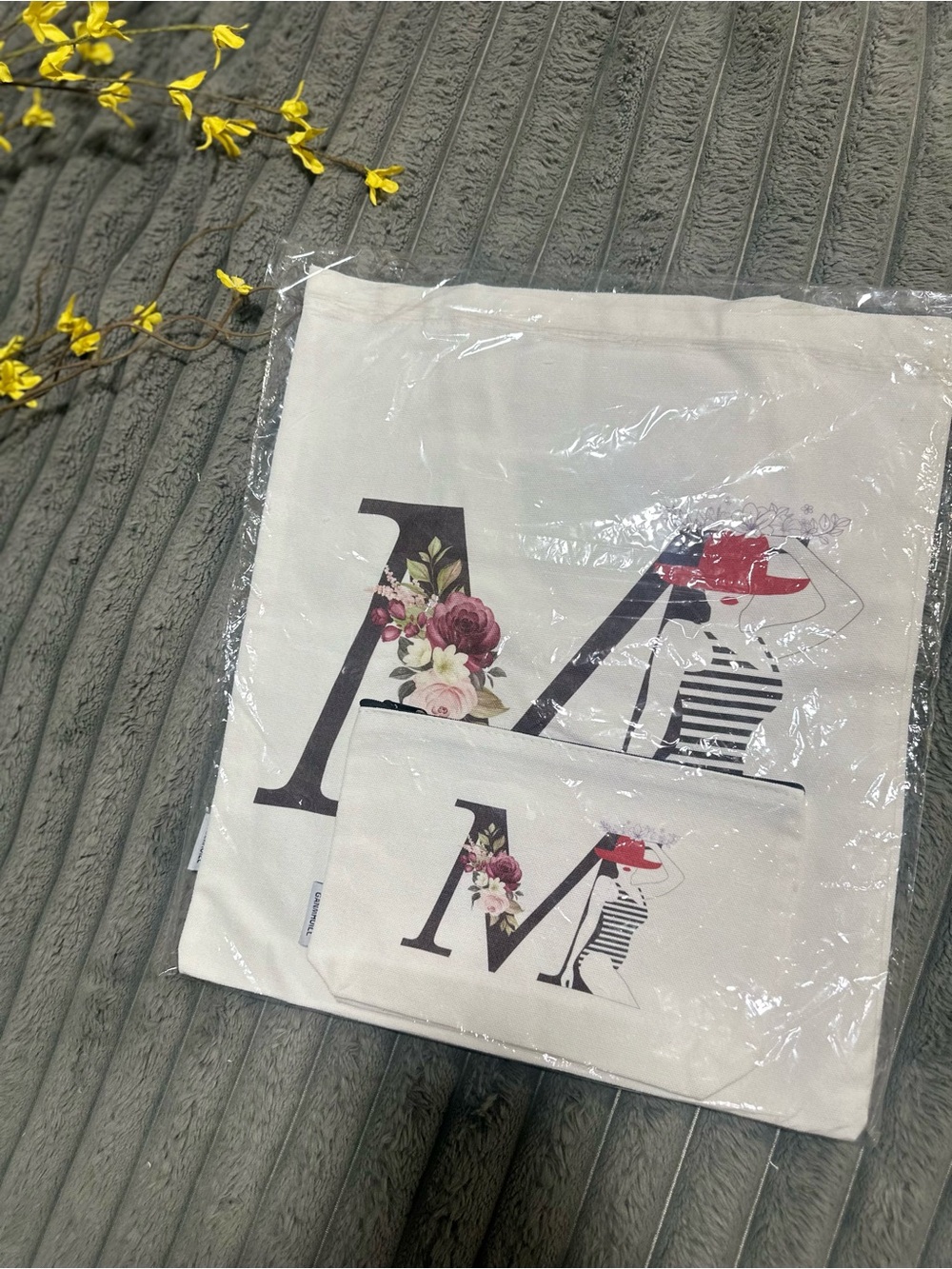 Cream Floral 'M' Cotton Tote and Pouch Set - Cream